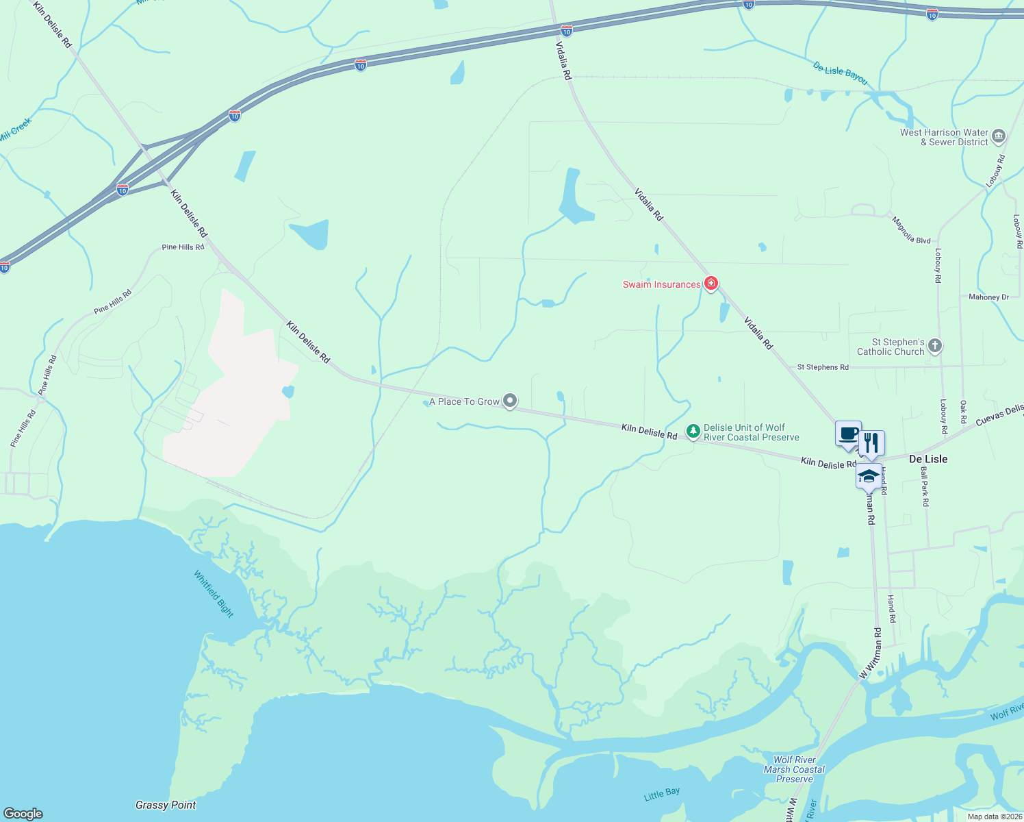 map of restaurants, bars, coffee shops, grocery stores, and more near 7041 Kiln Delisle Rd in Pass Christian