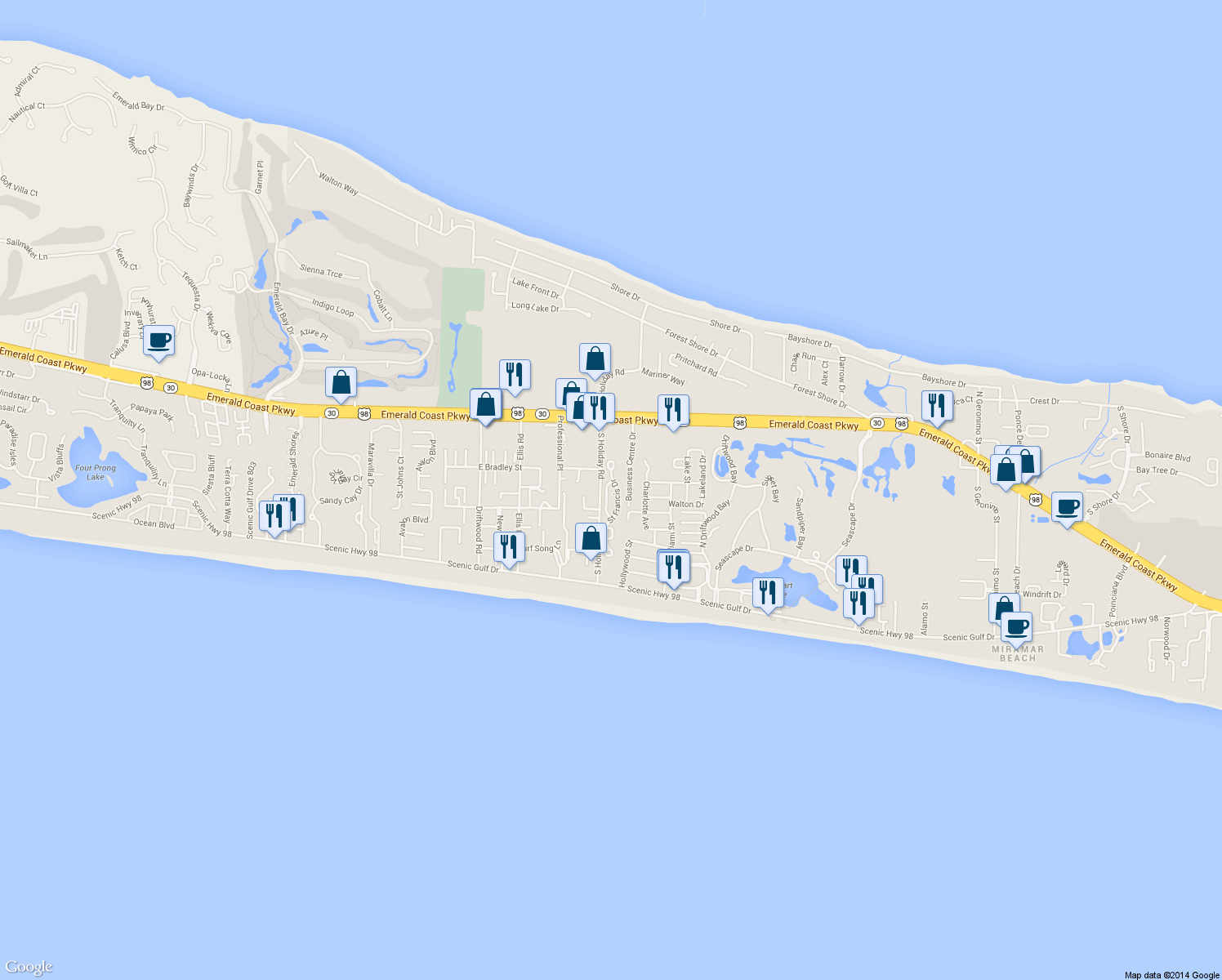 map of restaurants, bars, coffee shops, grocery stores, and more near 95 Saint Simon Circle in Miramar Beach