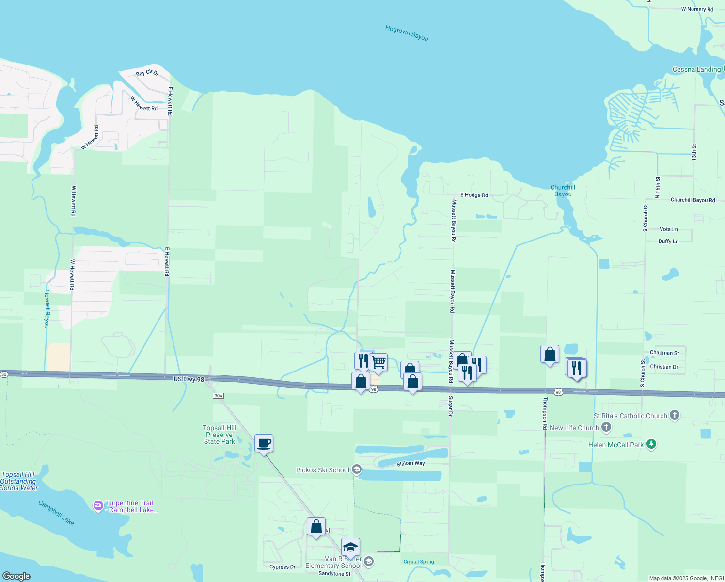 map of restaurants, bars, coffee shops, grocery stores, and more near 28 Turtle Creek Drive in Santa Rosa Beach
