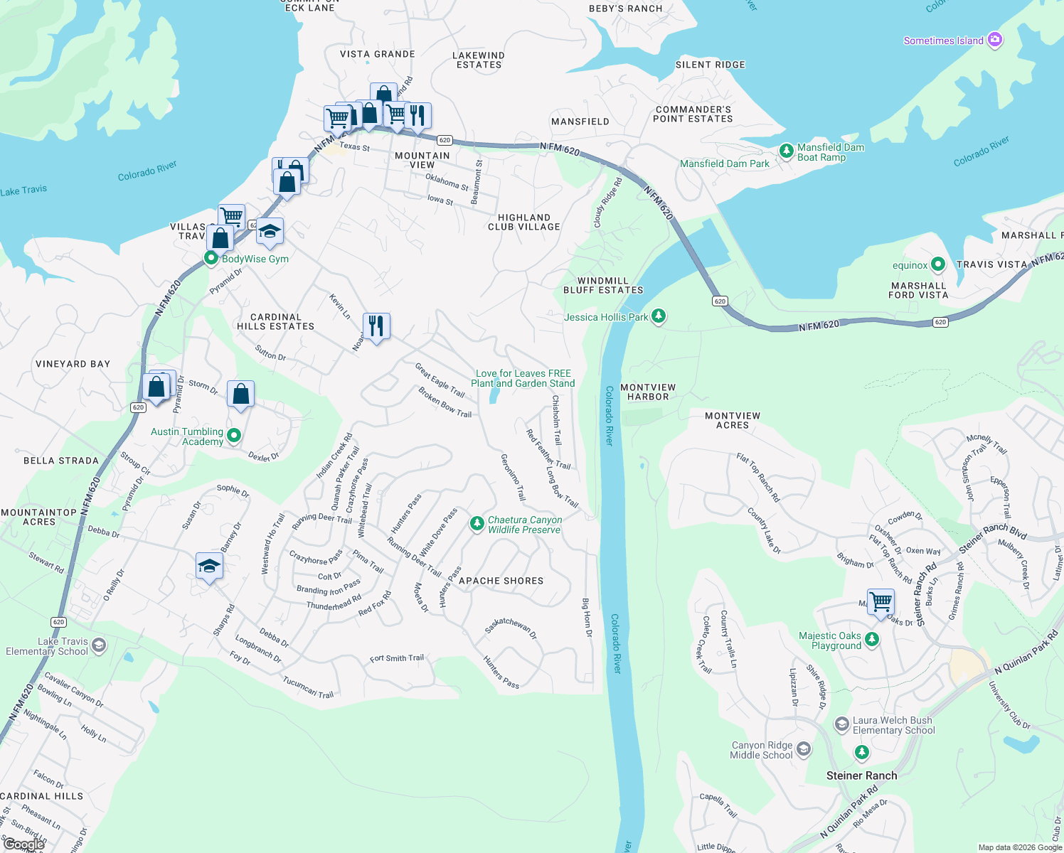 map of restaurants, bars, coffee shops, grocery stores, and more near 14318 Red Feather Trail in Austin