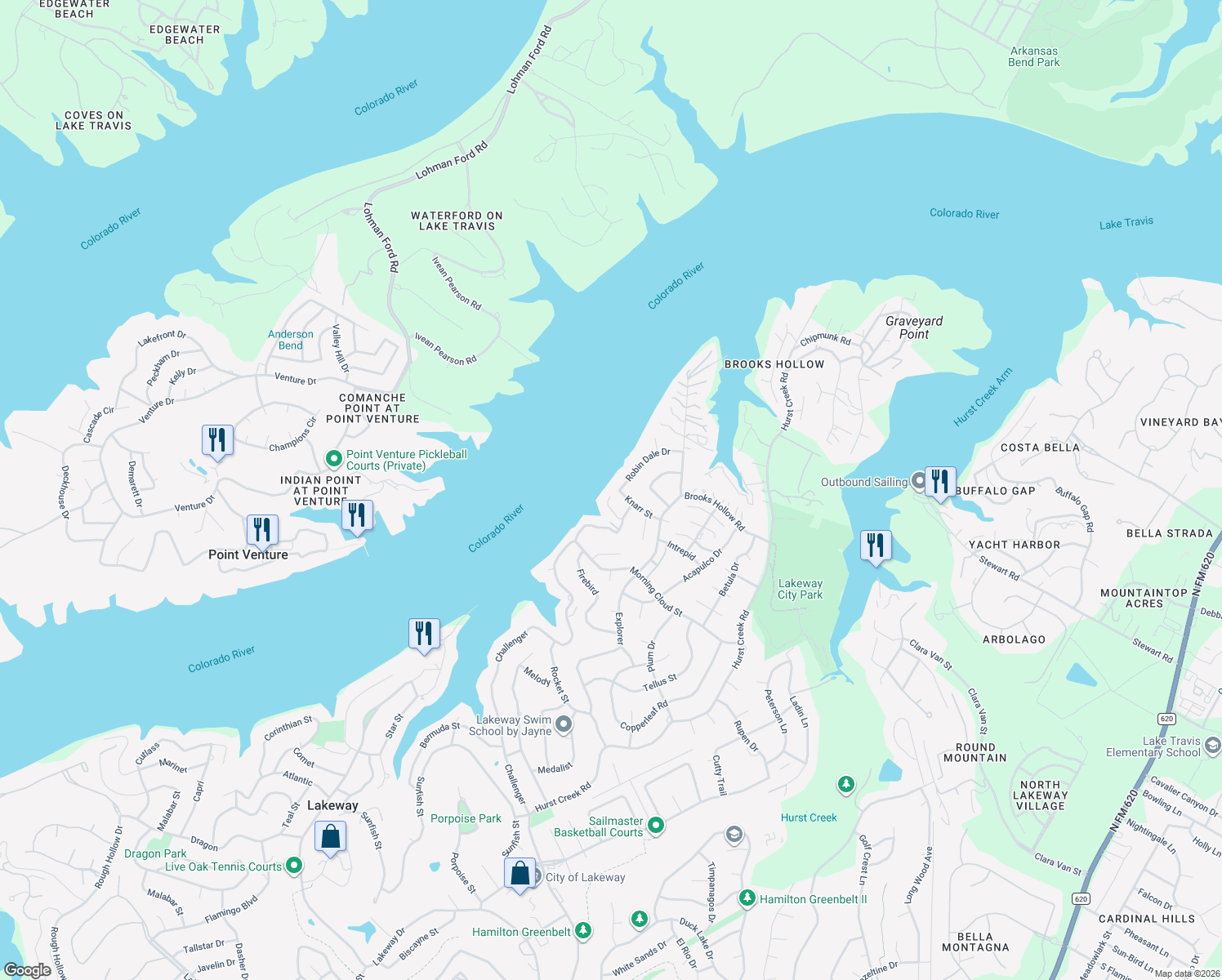 map of restaurants, bars, coffee shops, grocery stores, and more near 112 Edgewater Cove in Lakeway