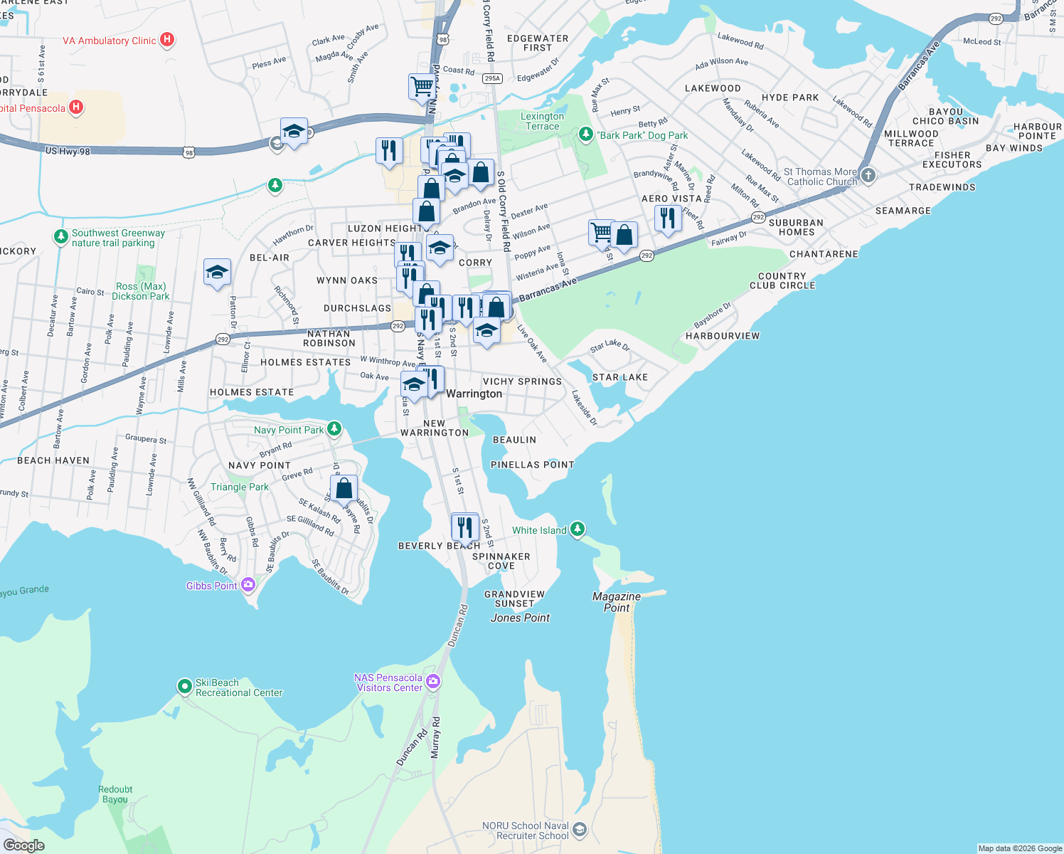 map of restaurants, bars, coffee shops, grocery stores, and more near 401 Reeves Road in Pensacola