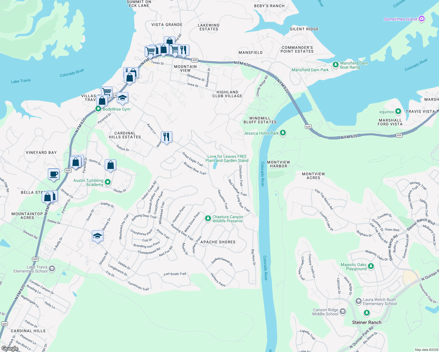 map of restaurants, bars, coffee shops, grocery stores, and more near 14318 Red Feather Trail in Austin
