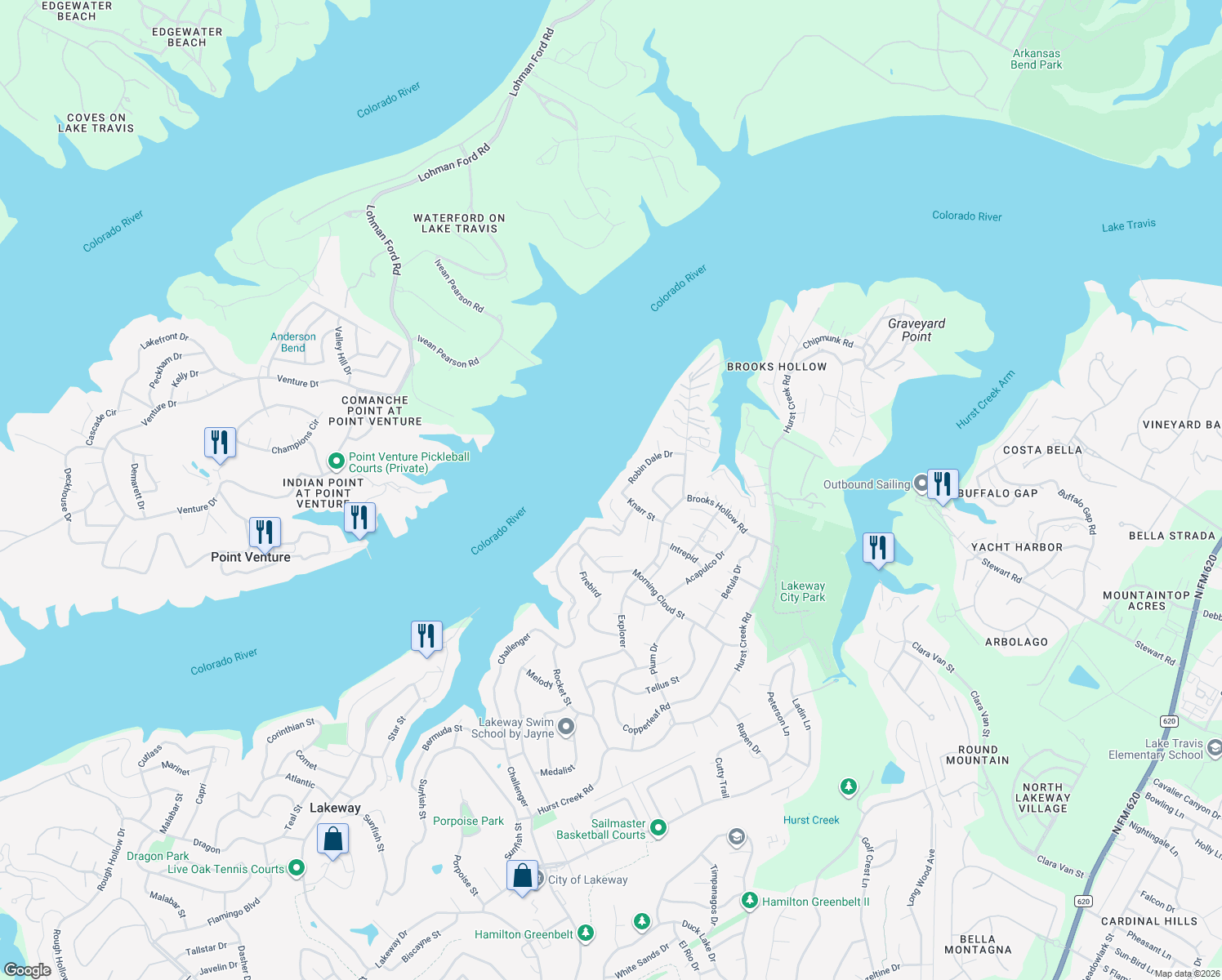 map of restaurants, bars, coffee shops, grocery stores, and more near 112 Edgewater Cove in Lakeway