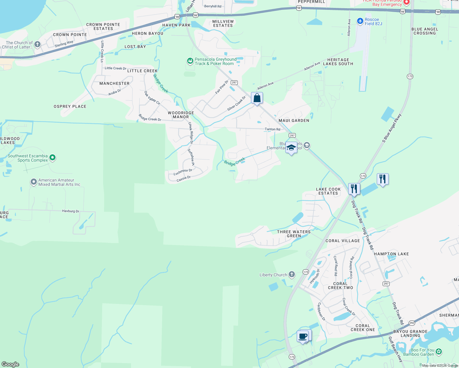 map of restaurants, bars, coffee shops, grocery stores, and more near 1700 Ora Drive in Pensacola