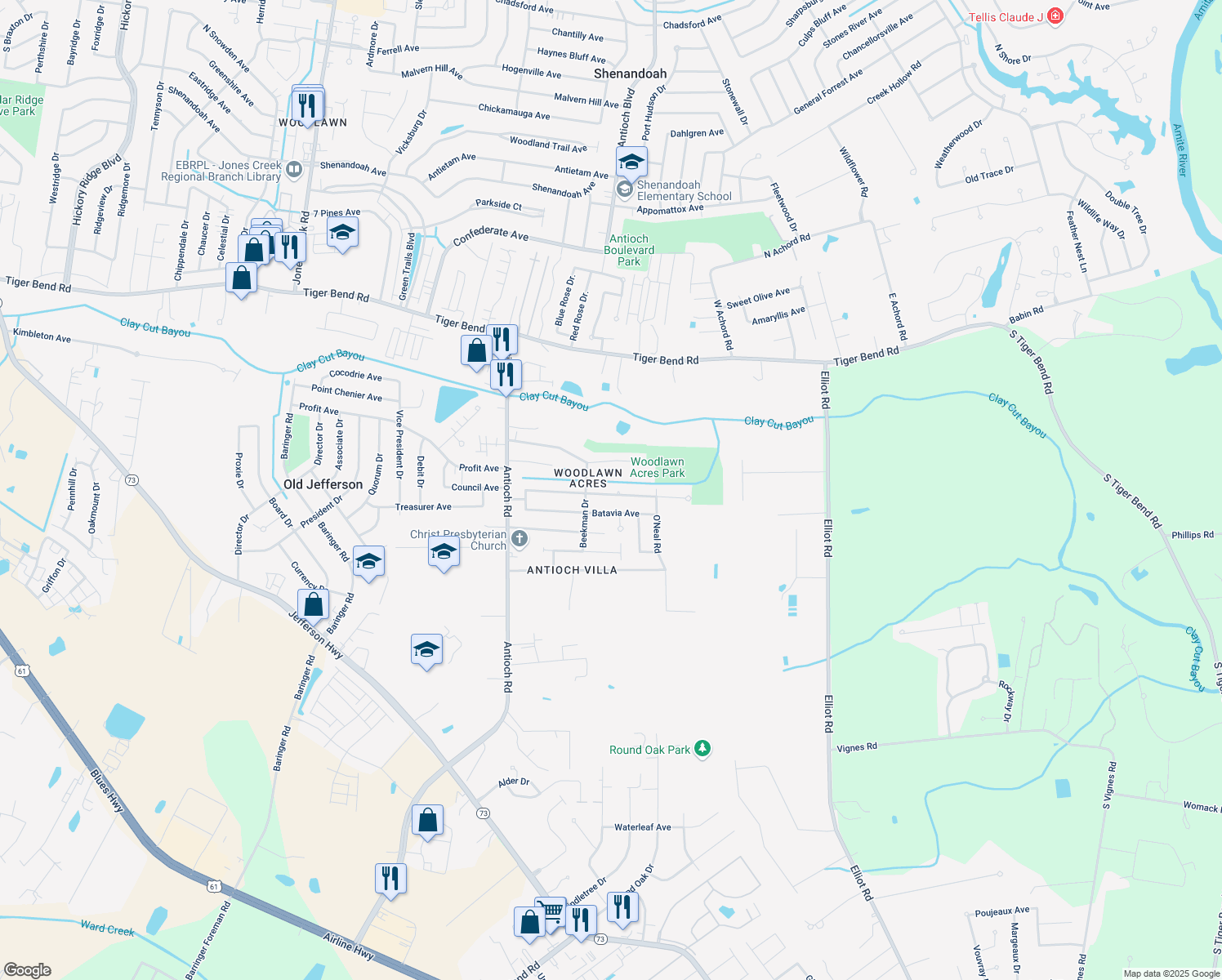 map of restaurants, bars, coffee shops, grocery stores, and more near 16419 Morel Avenue in Baton Rouge