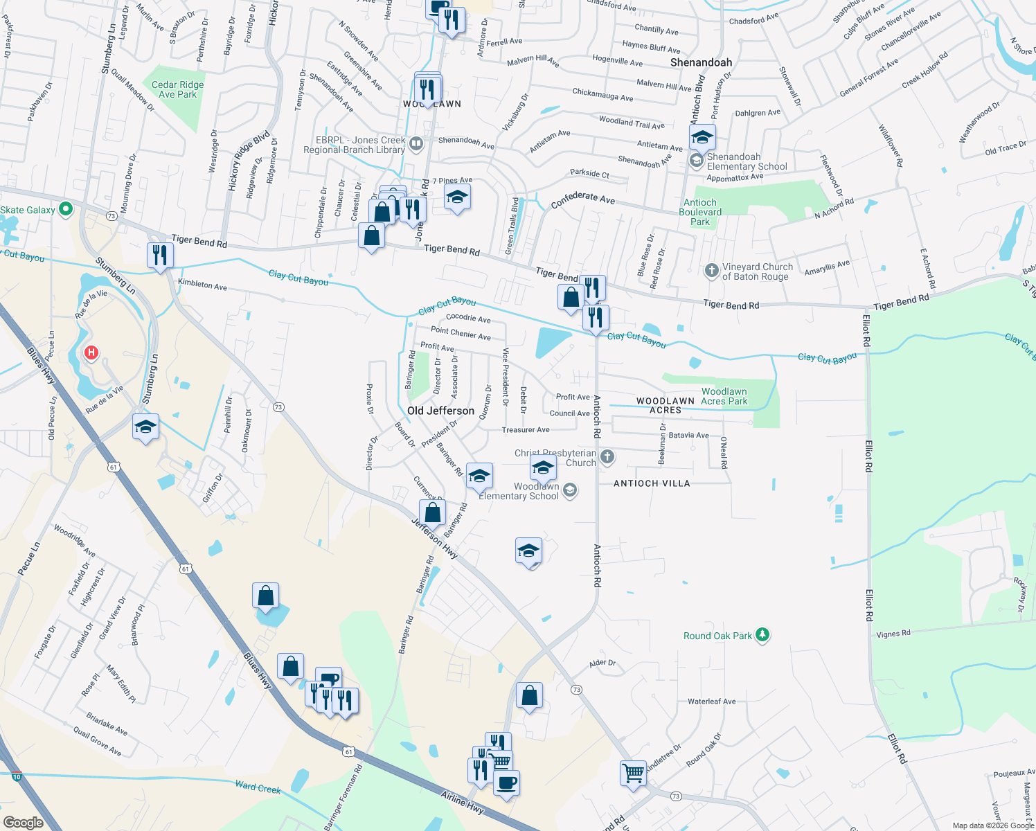 map of restaurants, bars, coffee shops, grocery stores, and more near 7608 Debit Dr in Baton Rouge