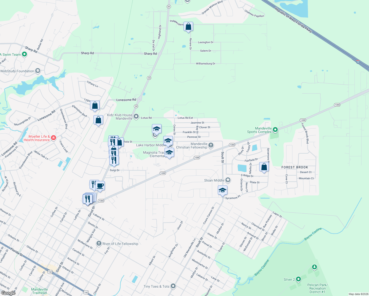 map of restaurants, bars, coffee shops, grocery stores, and more near 141 Frenchmen Dr in Mandeville