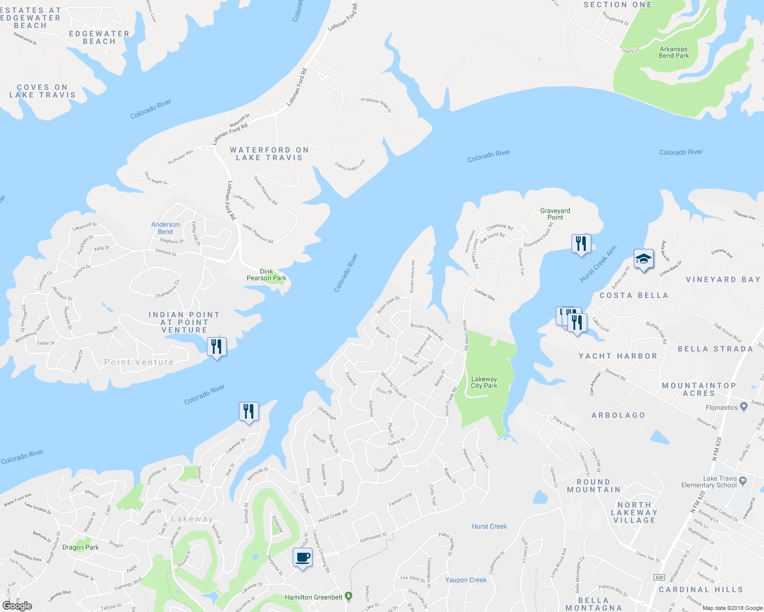 map of restaurants, bars, coffee shops, grocery stores, and more near 609 Robin Dale Drive in Austin