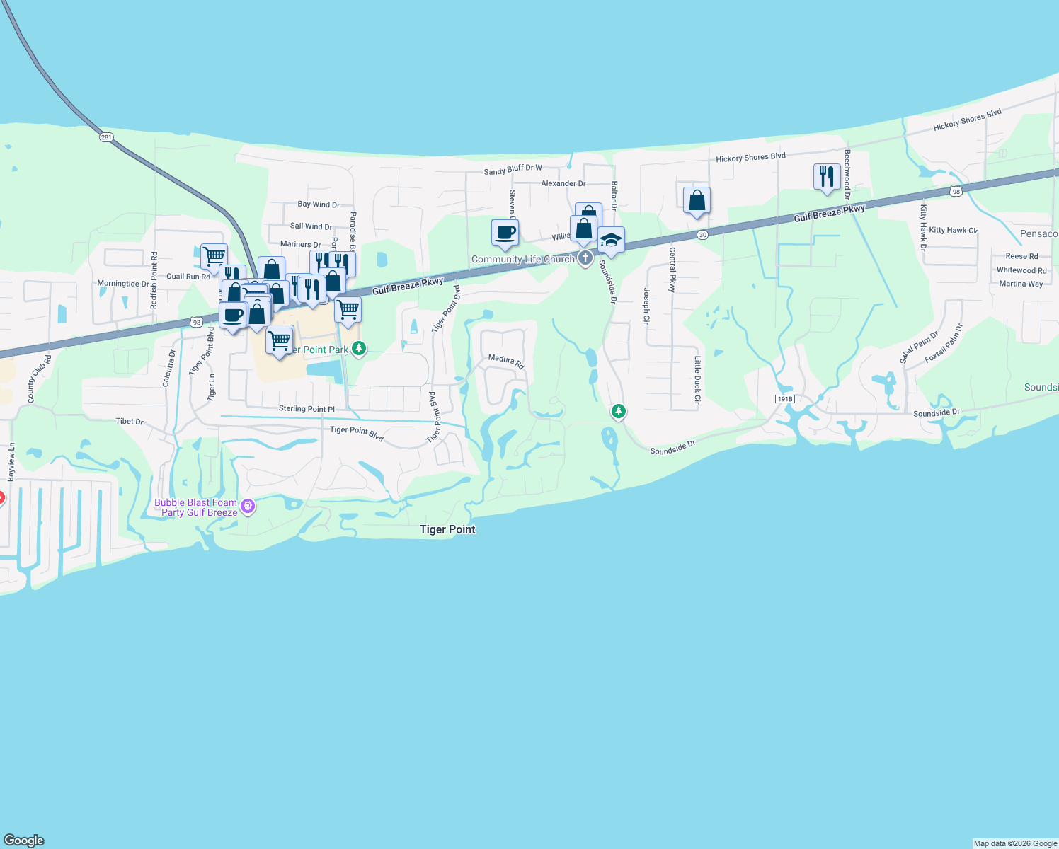 map of restaurants, bars, coffee shops, grocery stores, and more near 1293 Greenview Lane in Gulf Breeze
