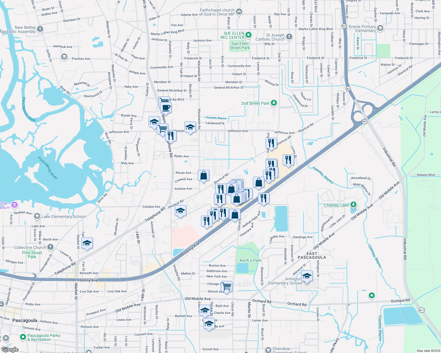 map of restaurants, bars, coffee shops, grocery stores, and more near 3411 Shortcut Road in Pascagoula