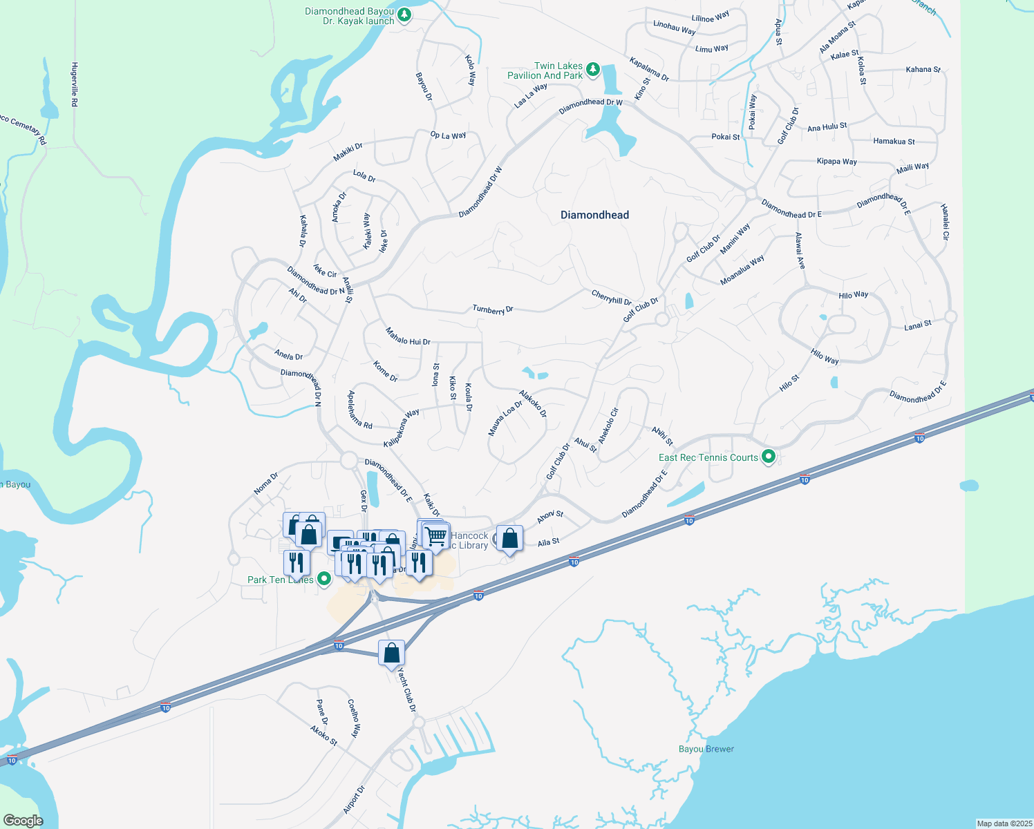 map of restaurants, bars, coffee shops, grocery stores, and more near 652 Mauna Loa Ct in Diamondhead