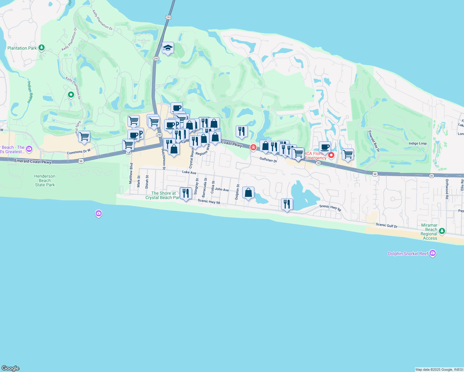 map of restaurants, bars, coffee shops, grocery stores, and more near 83 Tarpon Street in Destin