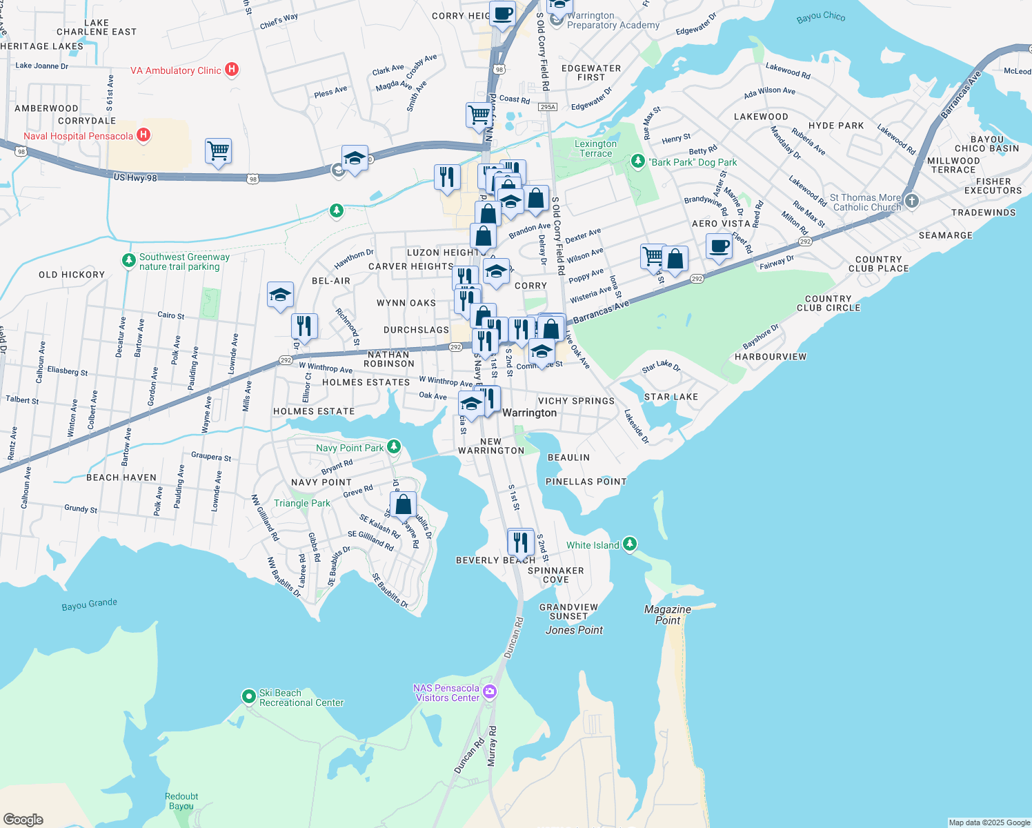 map of restaurants, bars, coffee shops, grocery stores, and more near 300 South 2nd Street in Pensacola