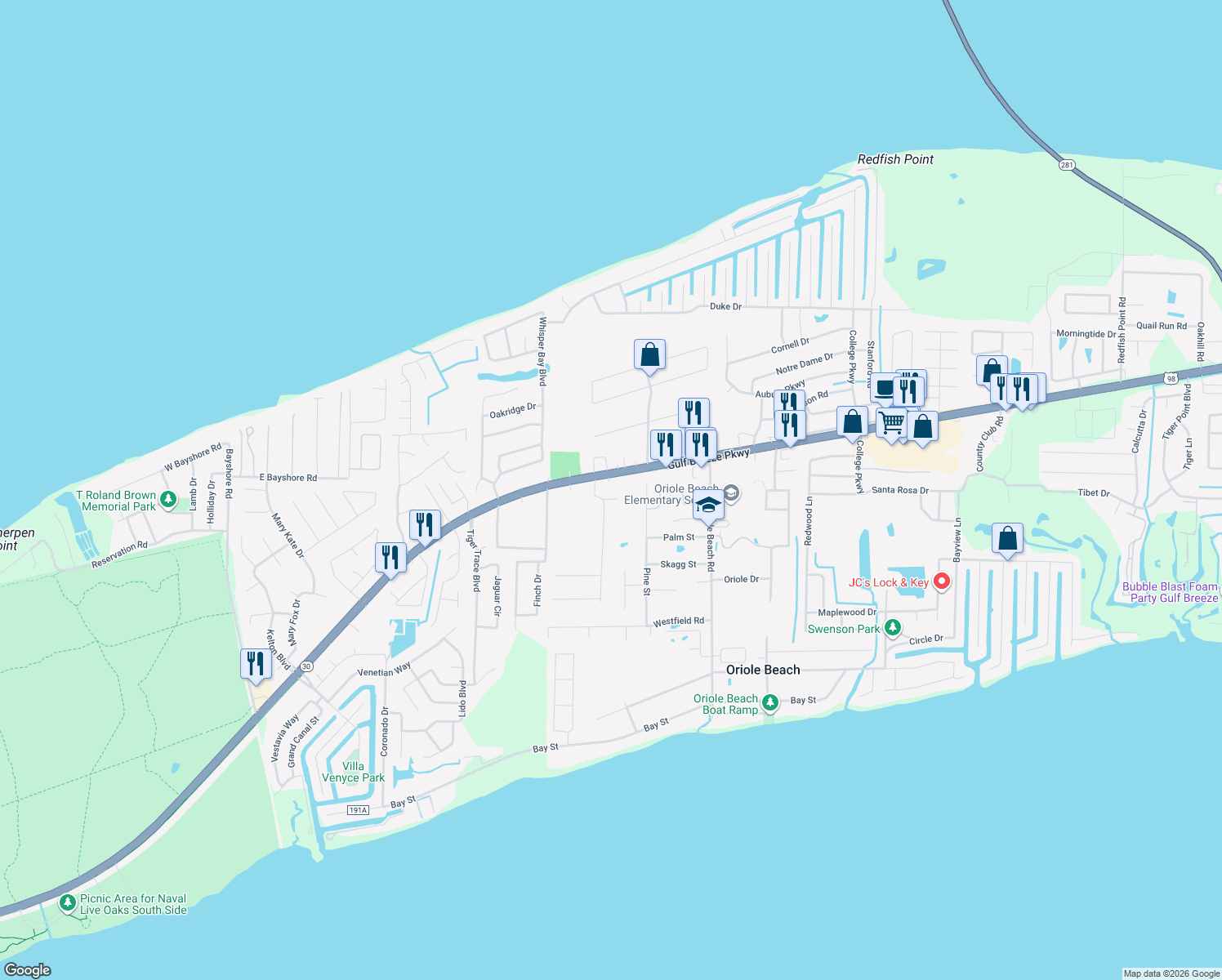 map of restaurants, bars, coffee shops, grocery stores, and more near 2975 Gulf Breeze Parkway in Gulf Breeze