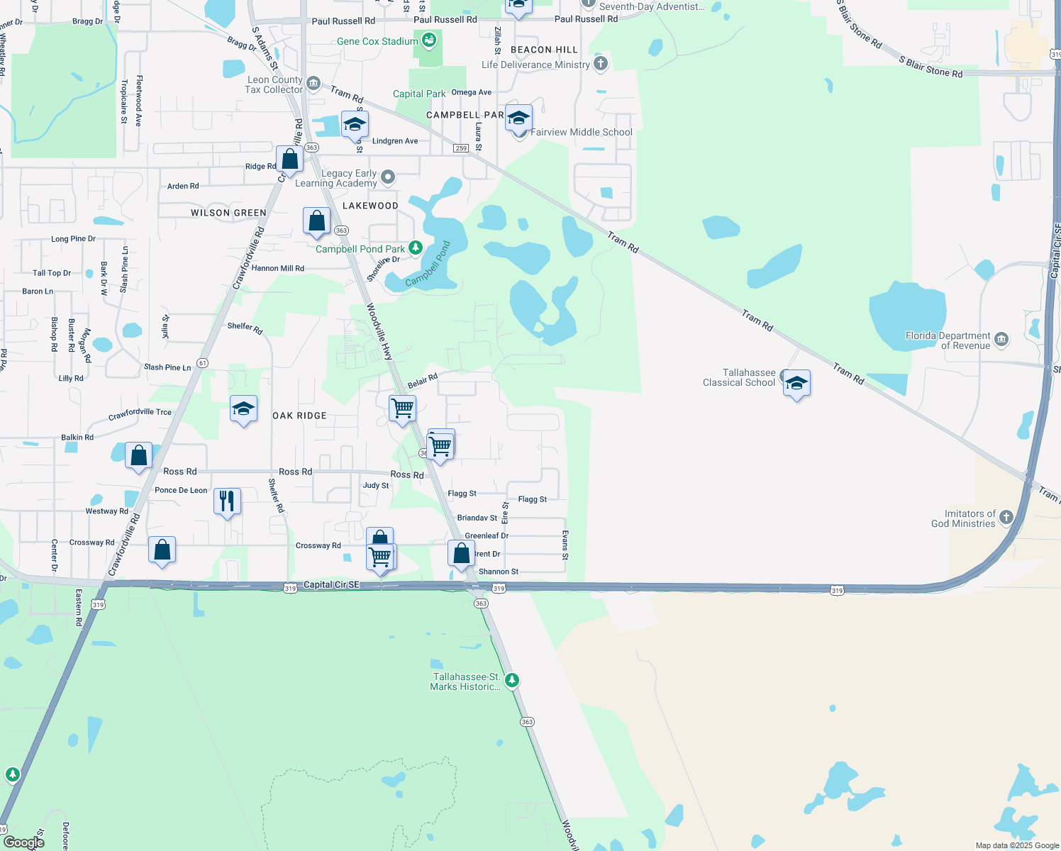 map of restaurants, bars, coffee shops, grocery stores, and more near 810 Annawood Drive in Tallahassee