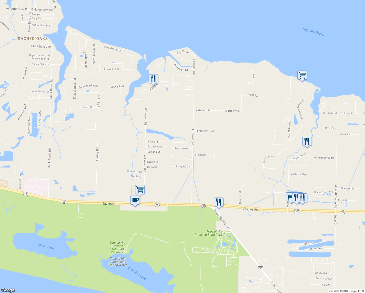 map of restaurants, bars, coffee shops, grocery stores, and more near 19 Peachtree Circle in Santa Rosa Beach