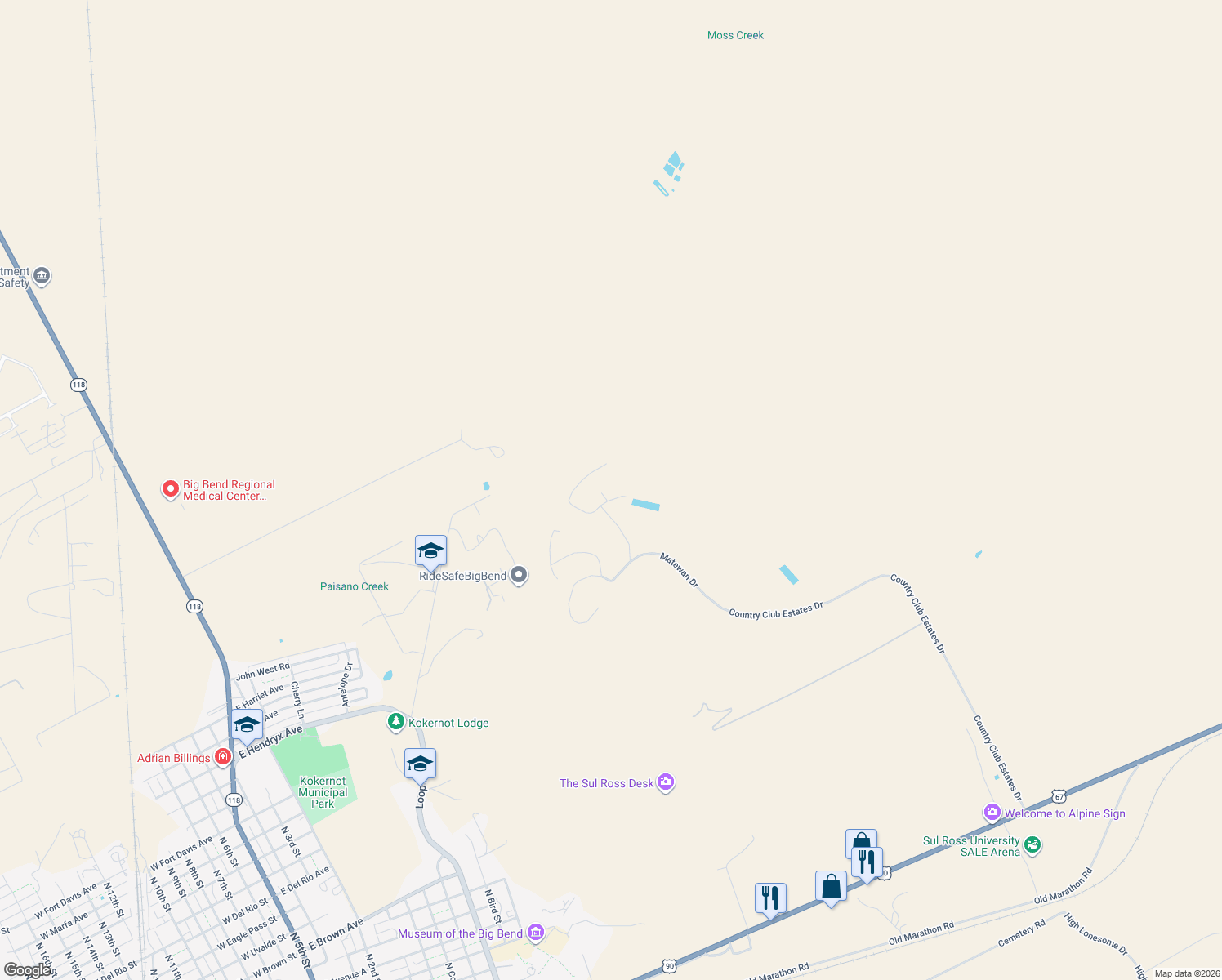 map of restaurants, bars, coffee shops, grocery stores, and more near 2006 Ceredo in Alpine