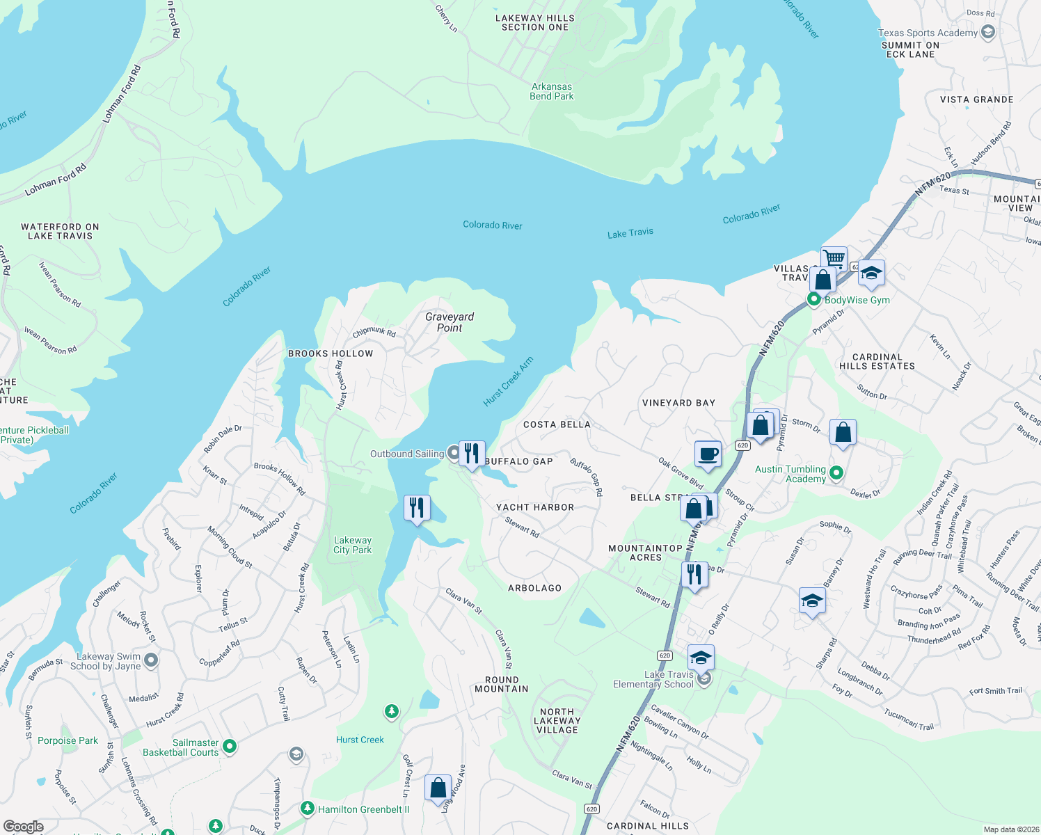 map of restaurants, bars, coffee shops, grocery stores, and more near 16425 Lake Loop in Austin