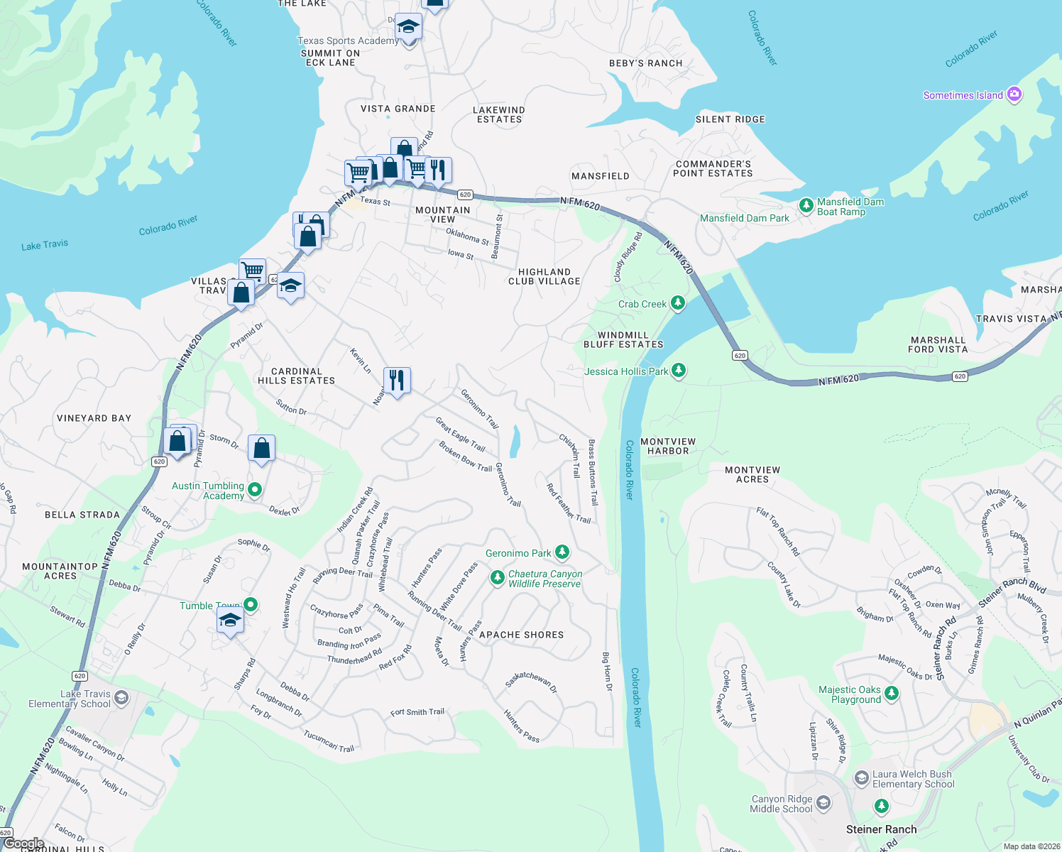 map of restaurants, bars, coffee shops, grocery stores, and more near 14415 Cochise Trail in Austin