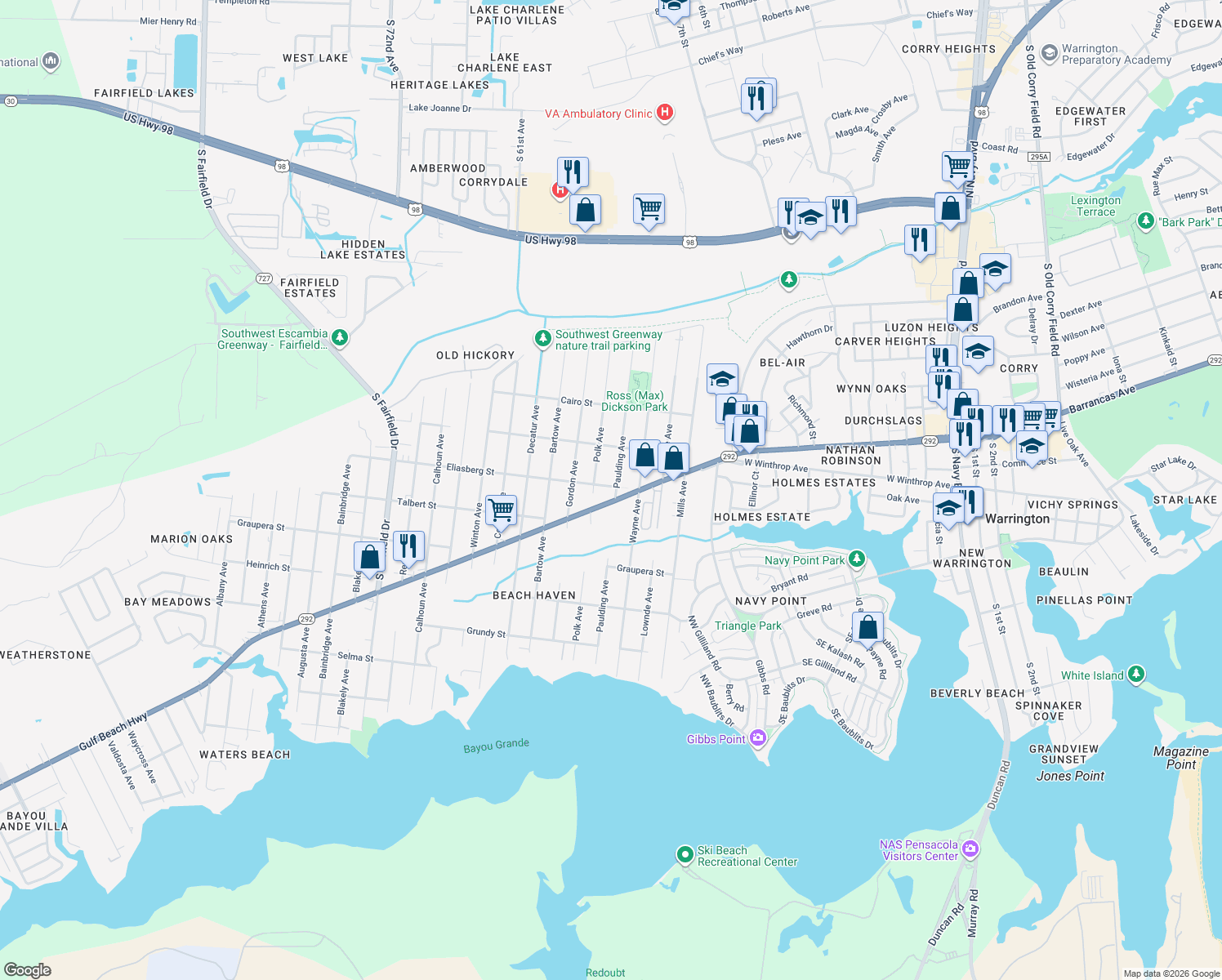 map of restaurants, bars, coffee shops, grocery stores, and more near 1700 Gulf Beach Highway in Pensacola