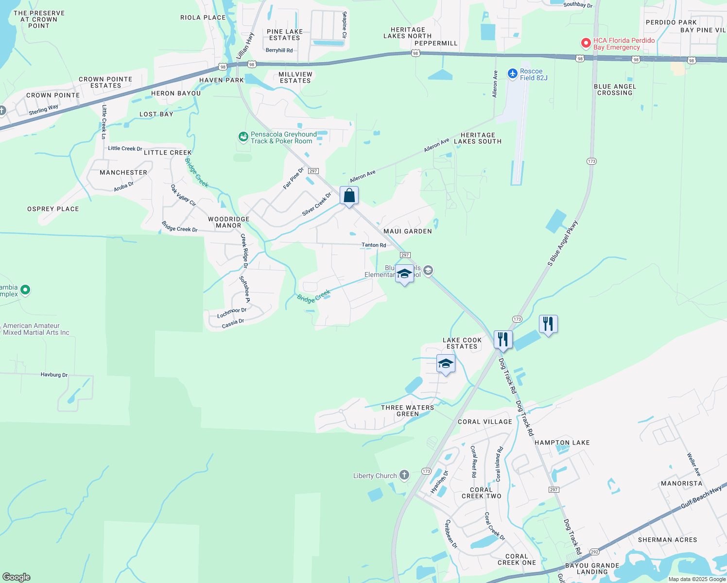 map of restaurants, bars, coffee shops, grocery stores, and more near 10418 Cedar Creek Drive in Pensacola