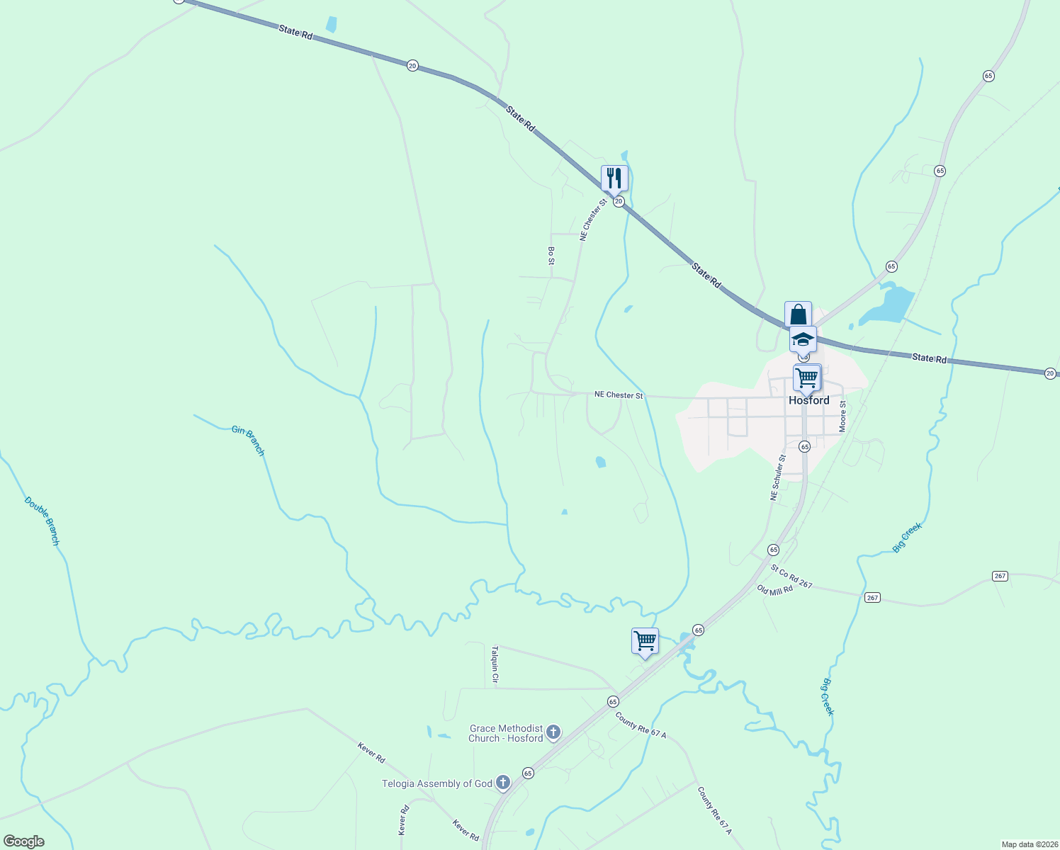 map of restaurants, bars, coffee shops, grocery stores, and more near 20331 Tom Love Road in Hosford