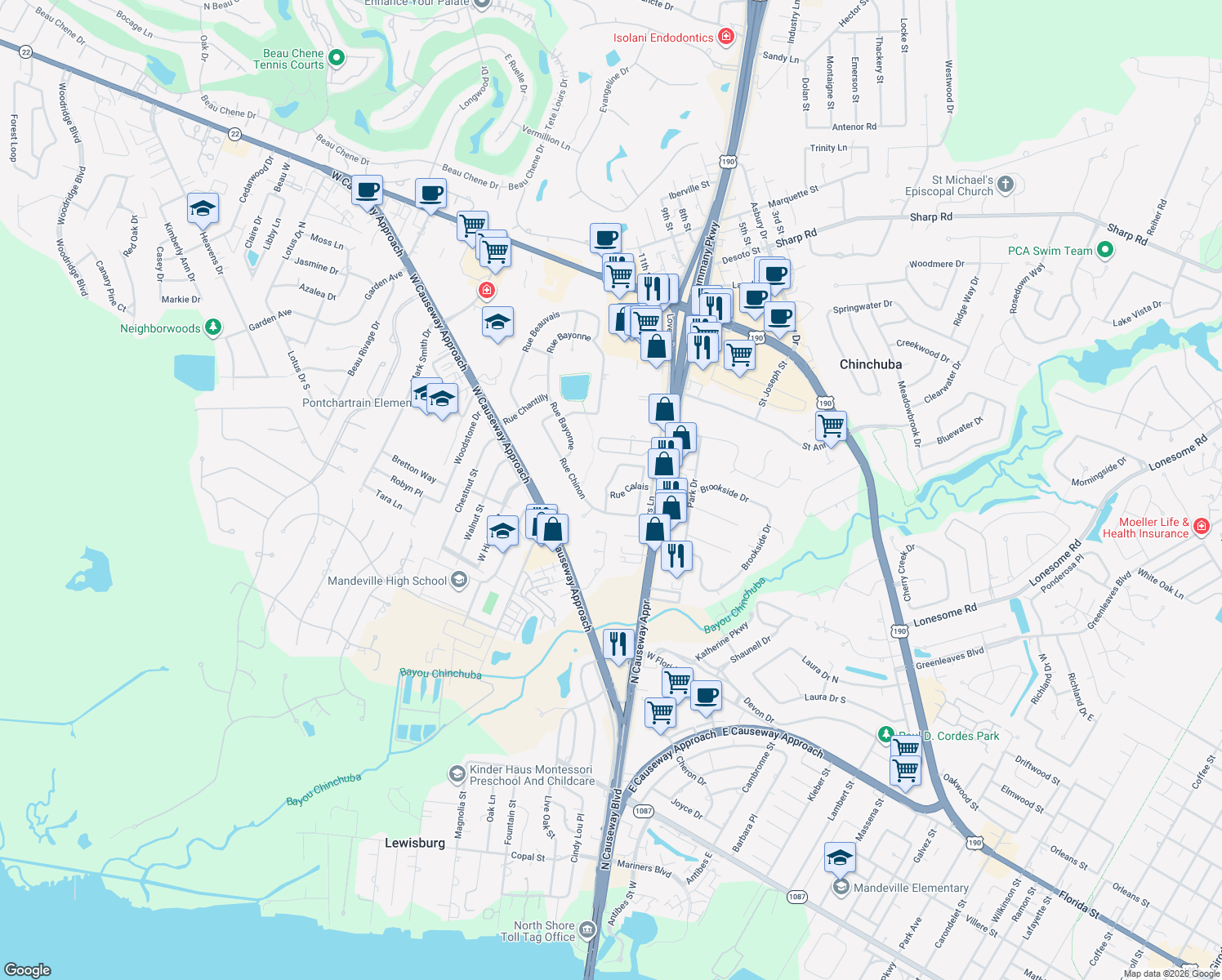 map of restaurants, bars, coffee shops, grocery stores, and more near 771 Rue Marseille in Mandeville