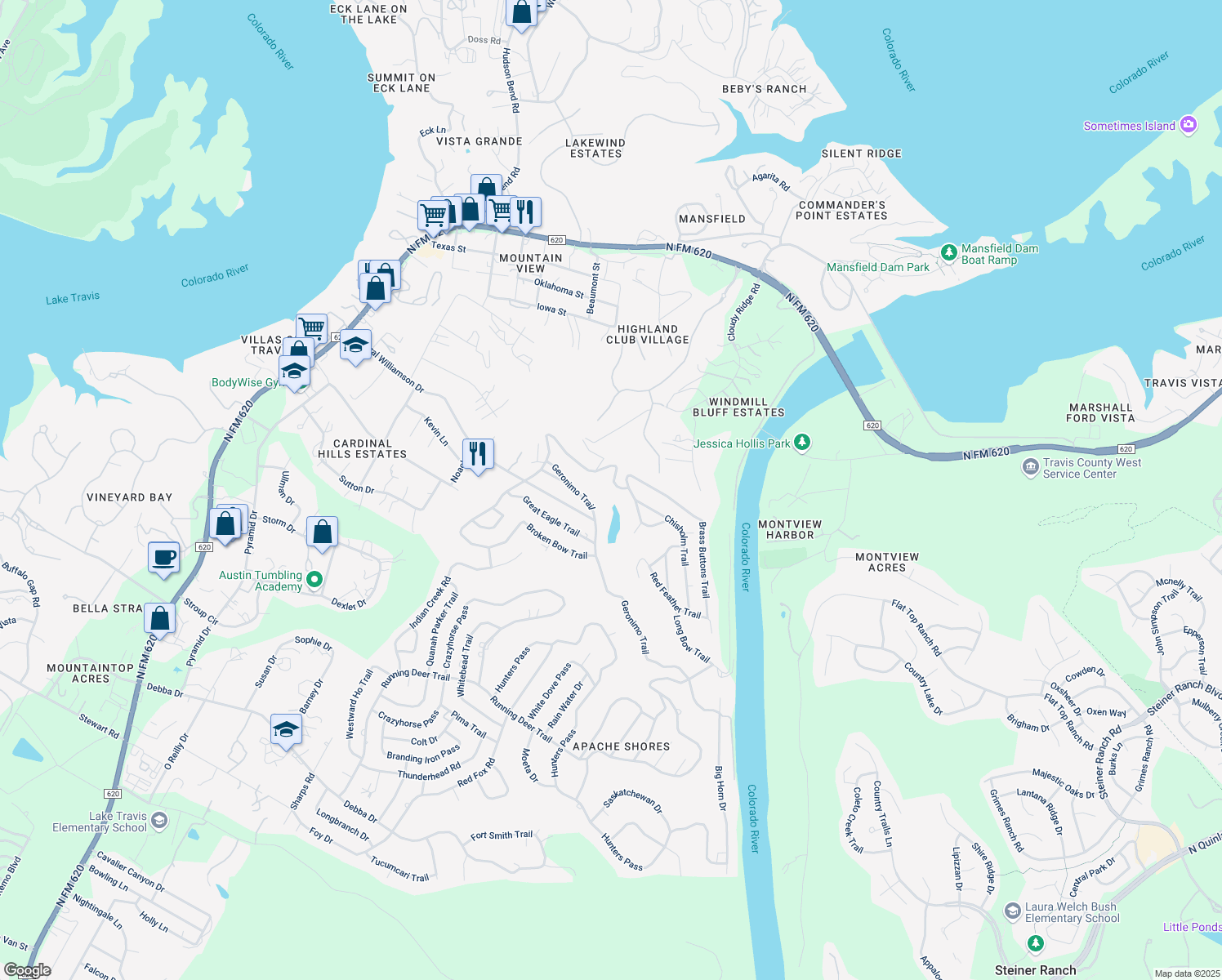 map of restaurants, bars, coffee shops, grocery stores, and more near 15040 Broken Bow Trail in Austin