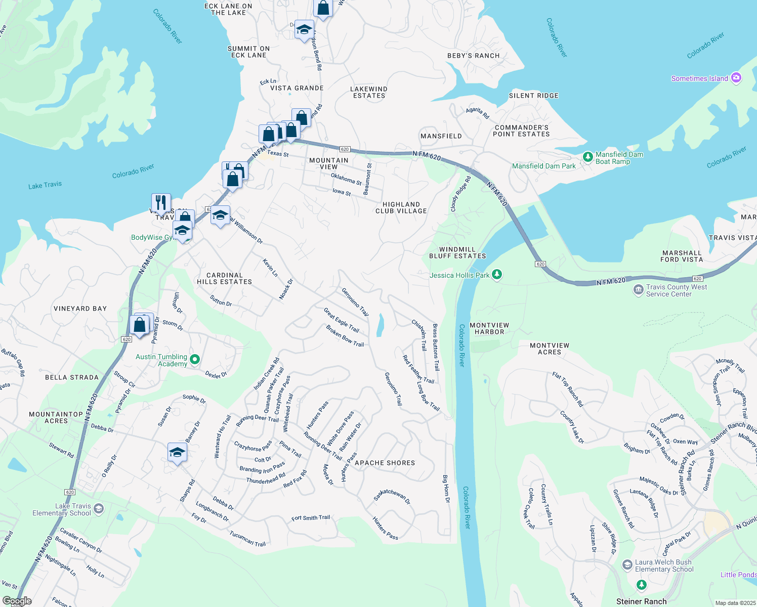 map of restaurants, bars, coffee shops, grocery stores, and more near 15040 Broken Bow Trail in Austin