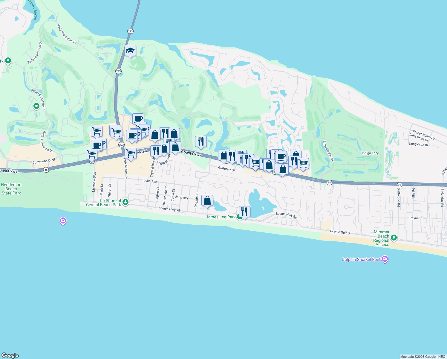 map of restaurants, bars, coffee shops, grocery stores, and more near 4641 Sunsail Circle in Destin