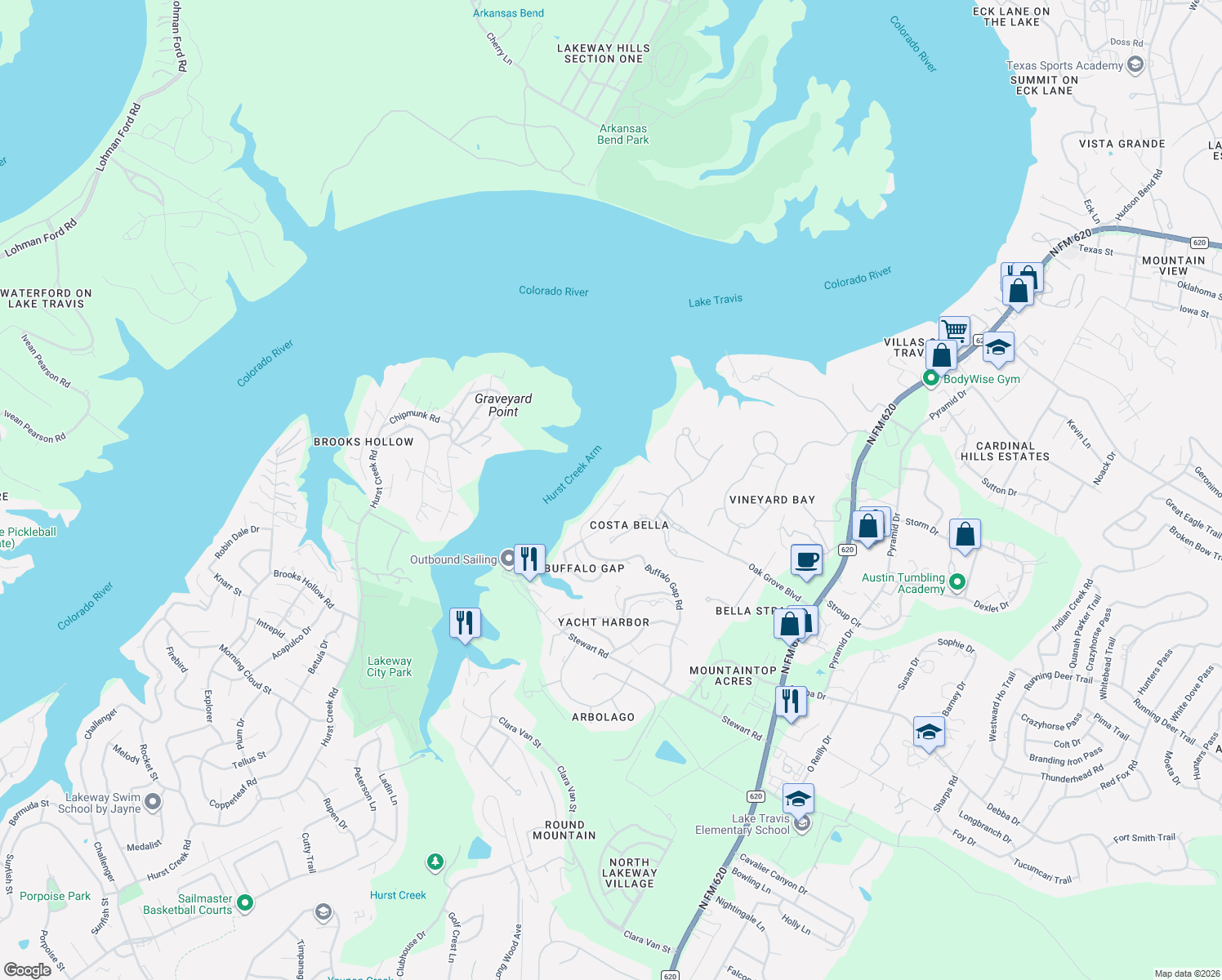 map of restaurants, bars, coffee shops, grocery stores, and more near 1700 Buffalo Gap Road in Austin