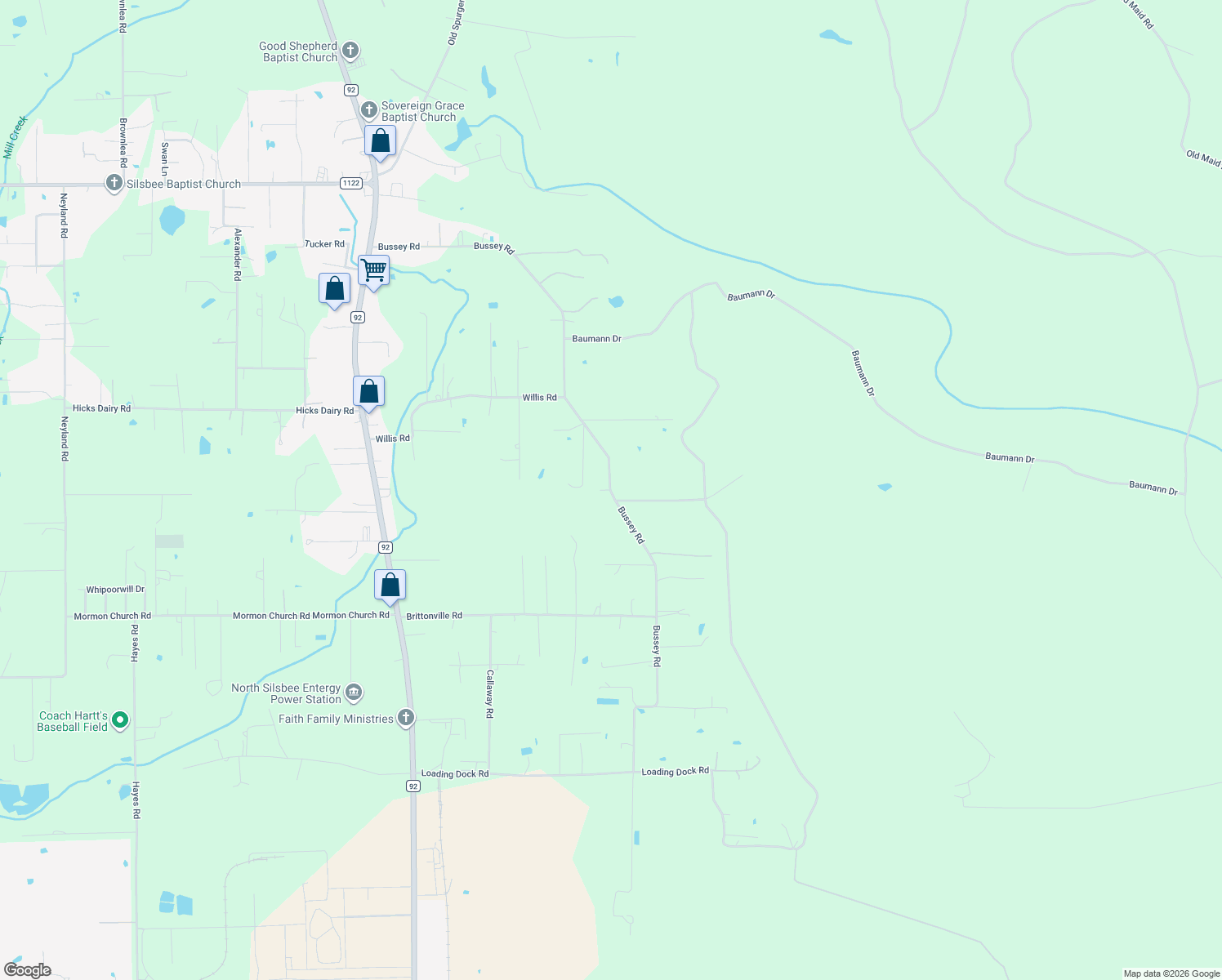 map of restaurants, bars, coffee shops, grocery stores, and more near Bussey Rd in Silsbee