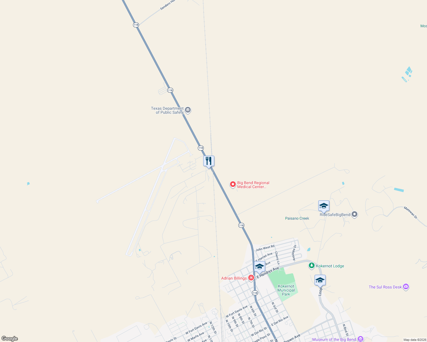 map of restaurants, bars, coffee shops, grocery stores, and more near 2285 Fort Davis Hwy in Alpine