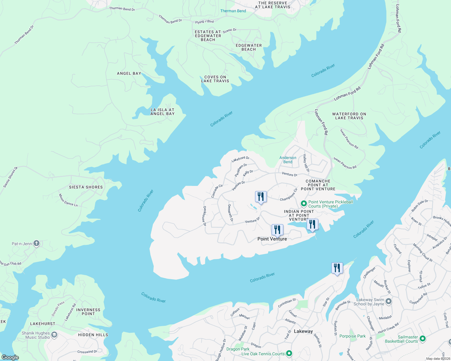 map of restaurants, bars, coffee shops, grocery stores, and more near 19008 Mariners Point in Lago Vista