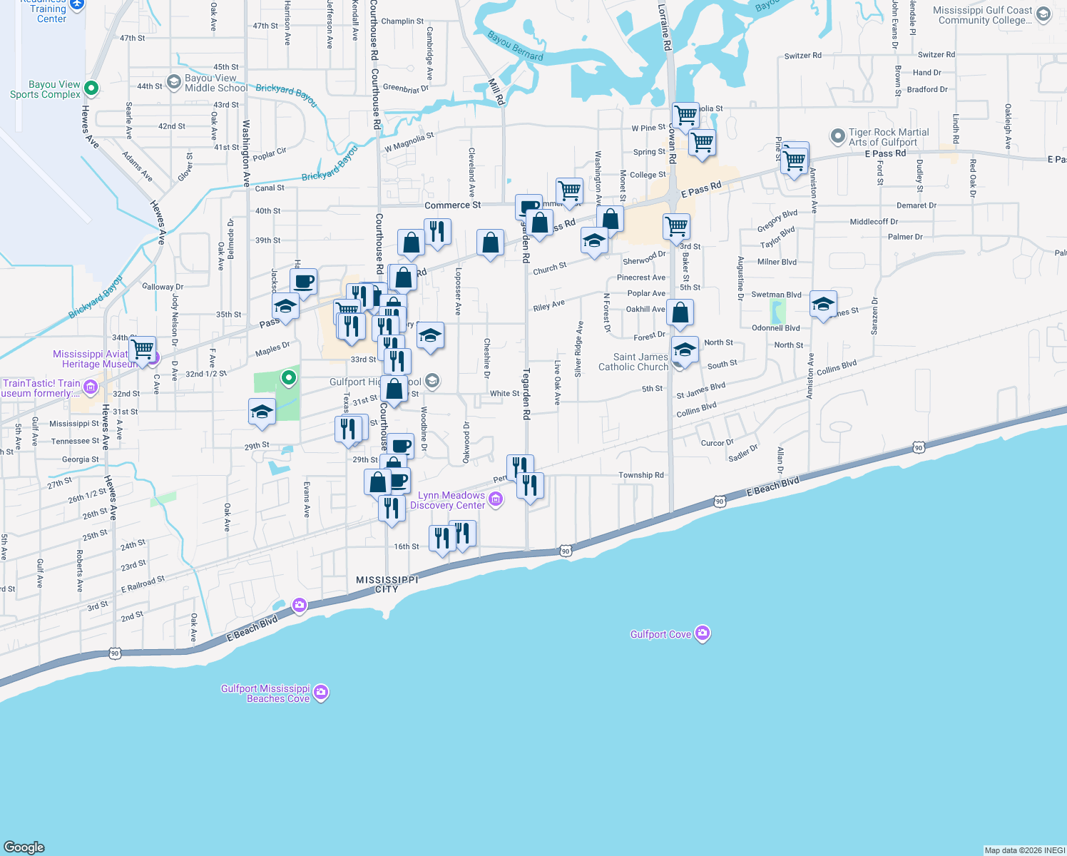 map of restaurants, bars, coffee shops, grocery stores, and more near 360 Tegarden Road in Gulfport