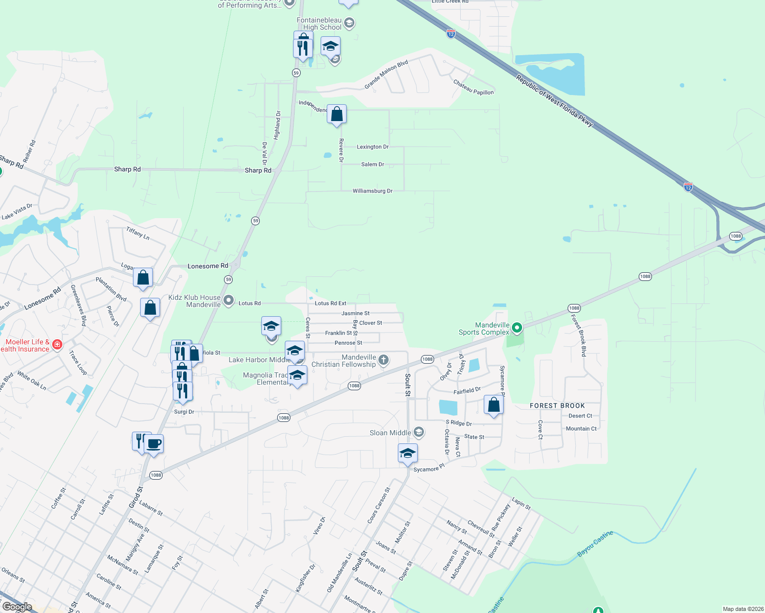 map of restaurants, bars, coffee shops, grocery stores, and more near 1334 Lotus Road Ext in Mandeville