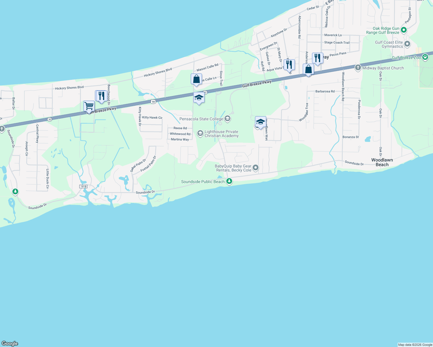 map of restaurants, bars, coffee shops, grocery stores, and more near 4960 Soundside Drive in Gulf Breeze