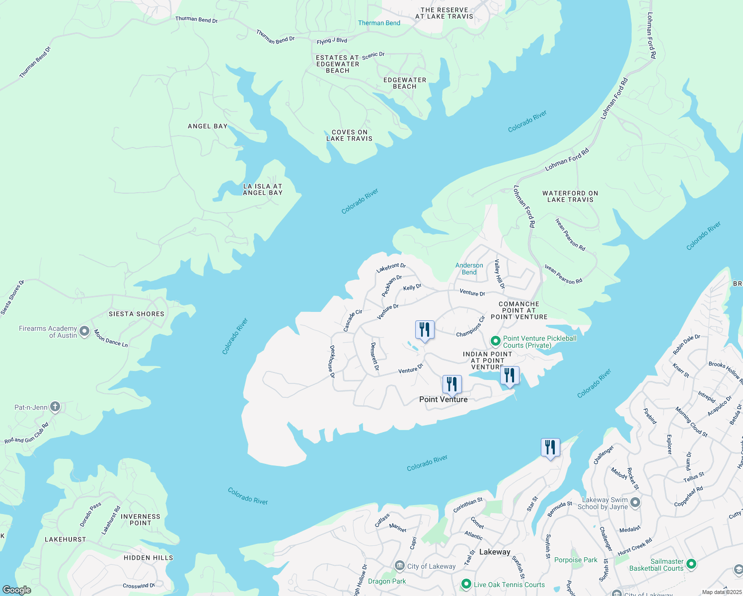 map of restaurants, bars, coffee shops, grocery stores, and more near 19004 Mariners Point in Lago Vista