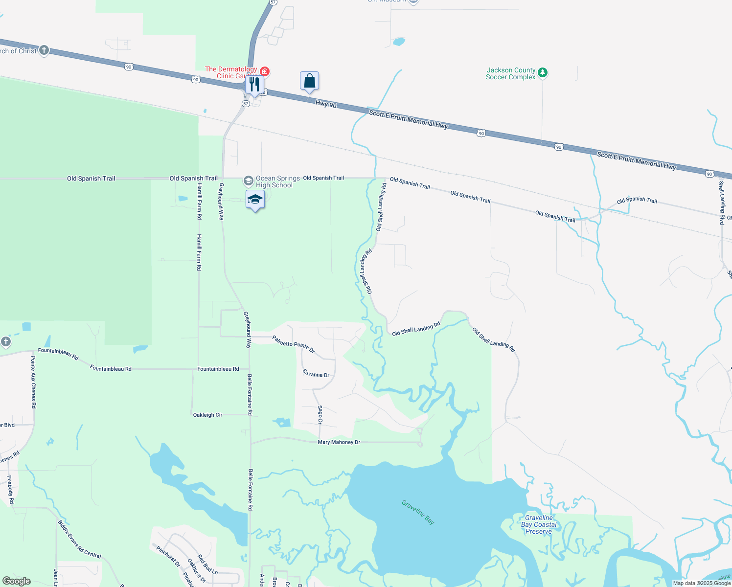 map of restaurants, bars, coffee shops, grocery stores, and more near 3123 Old Shell Landing Rd in Ocean Springs