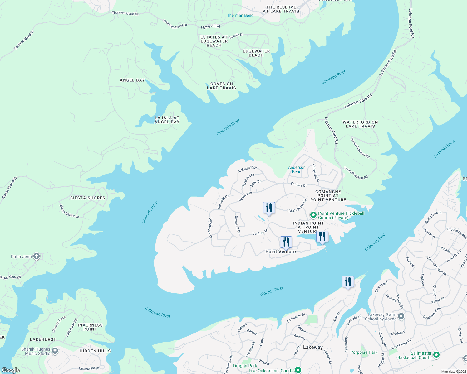 map of restaurants, bars, coffee shops, grocery stores, and more near 19008 Mariners Point in Lago Vista
