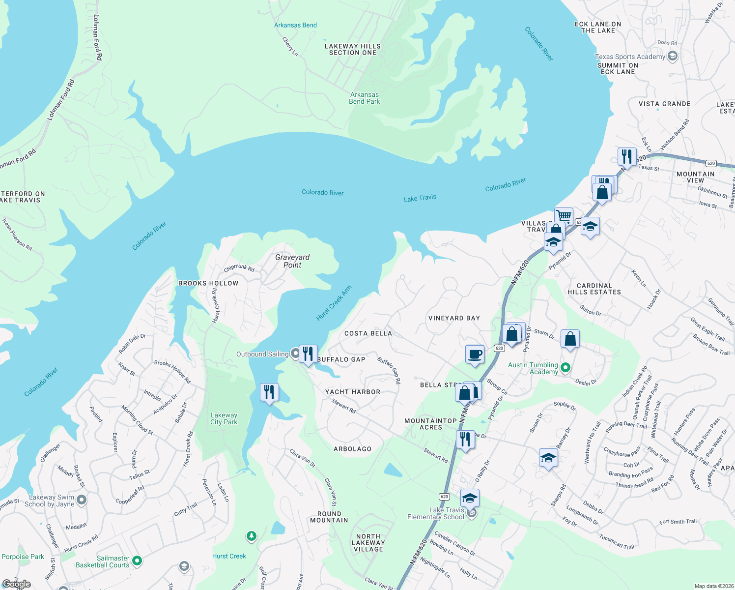 map of restaurants, bars, coffee shops, grocery stores, and more near 205 Bella Vista Cove in Austin