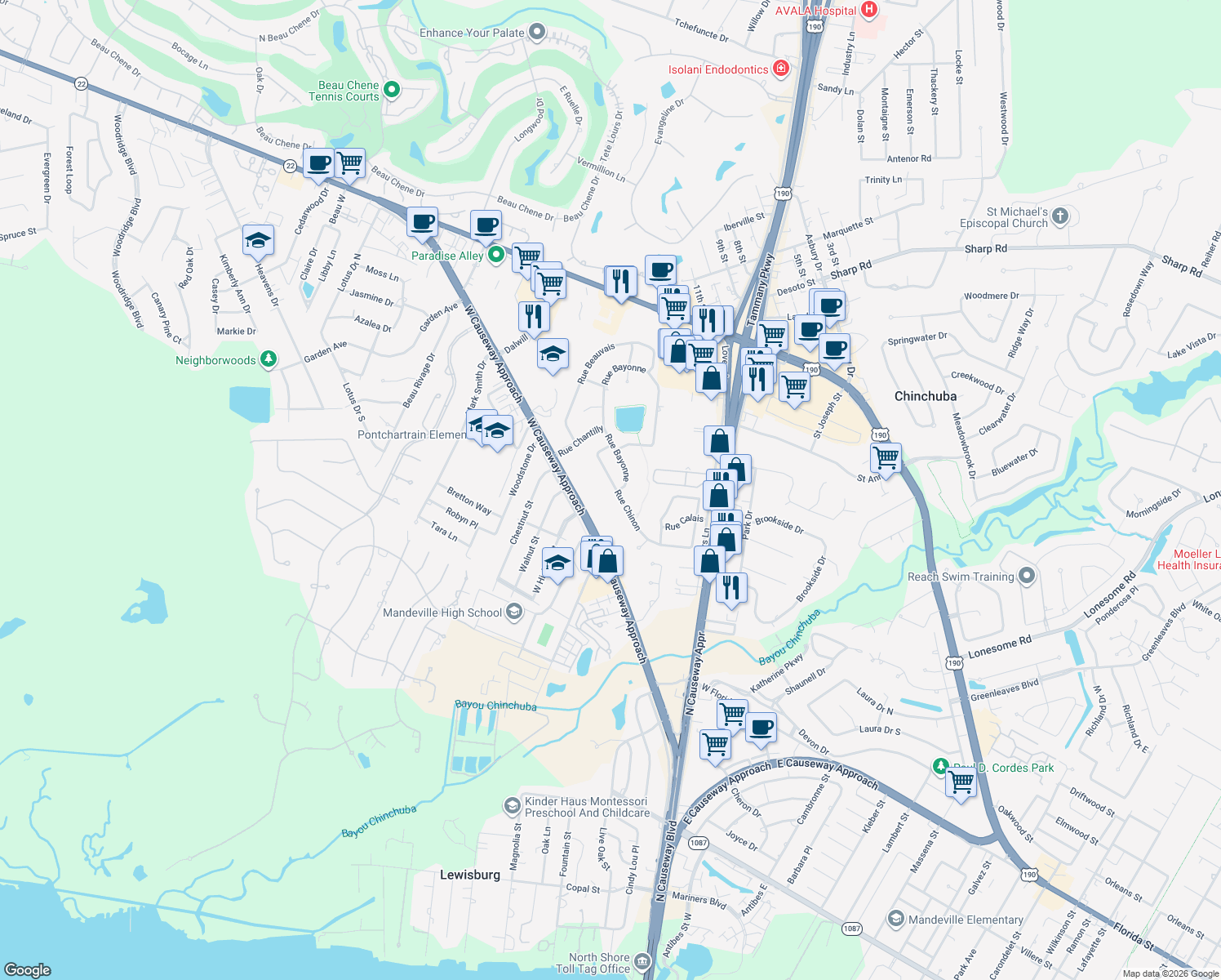 map of restaurants, bars, coffee shops, grocery stores, and more near 1100 Rue Chinon in Mandeville