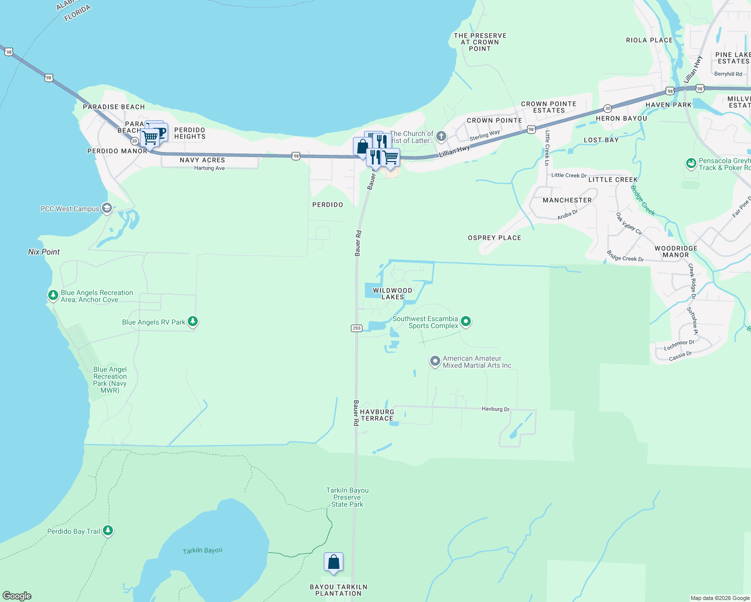 map of restaurants, bars, coffee shops, grocery stores, and more near 12376 Ailanthus Drive in Pensacola