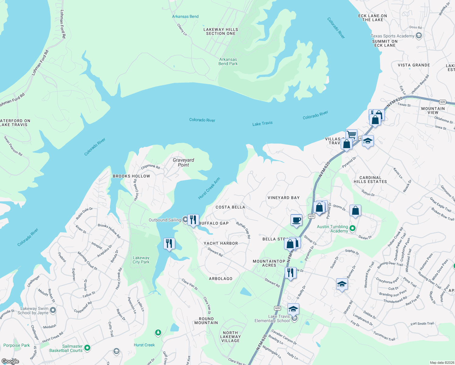 map of restaurants, bars, coffee shops, grocery stores, and more near 205 Bella Vista Cove in Austin