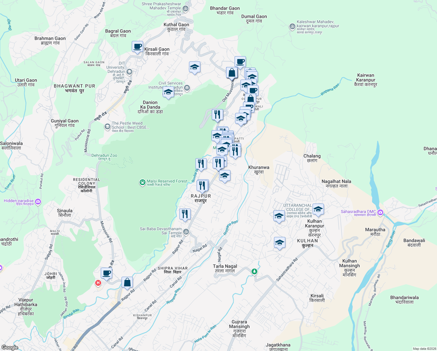 map of restaurants, bars, coffee shops, grocery stores, and more near Rajpur Road in Dehradun