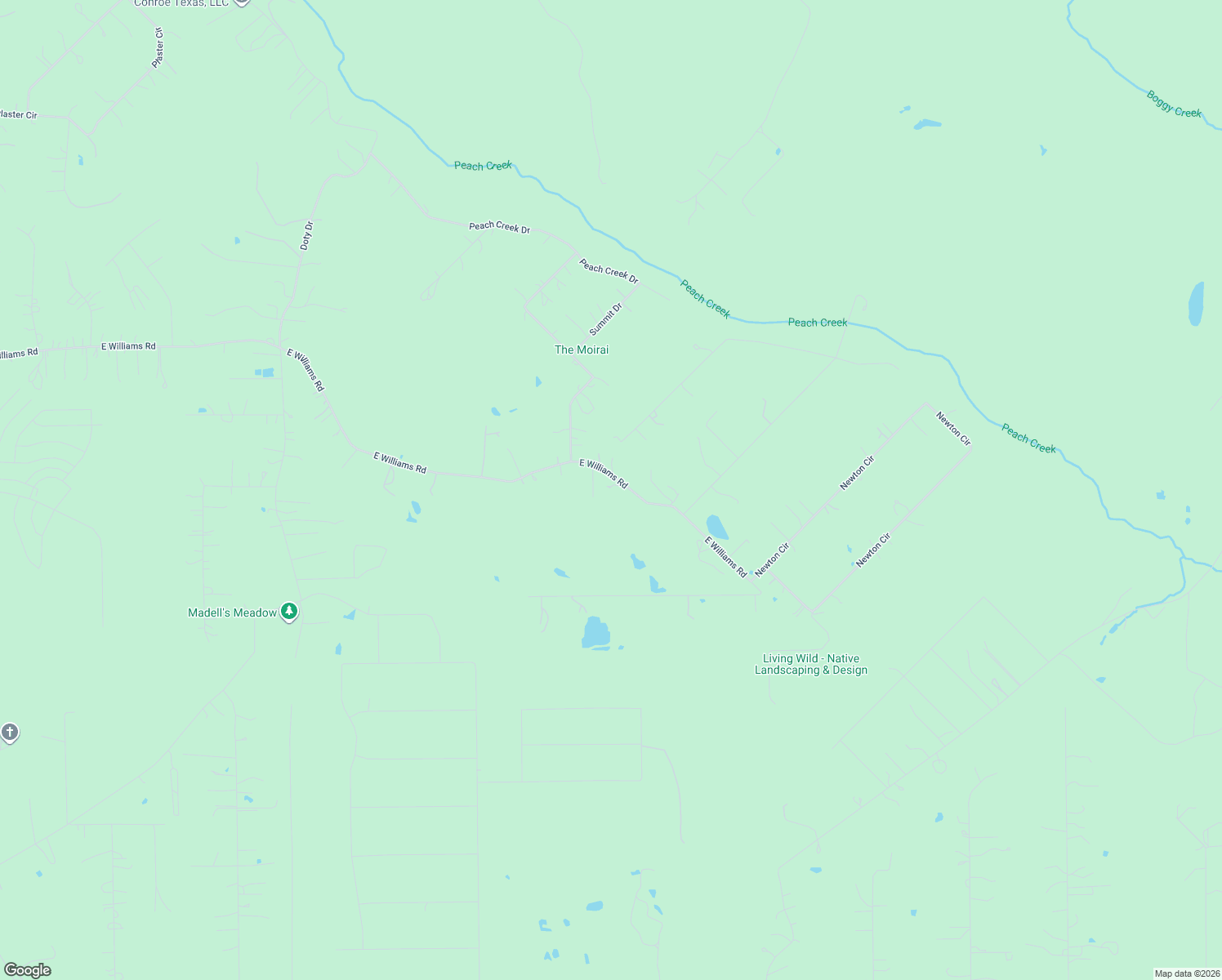 map of restaurants, bars, coffee shops, grocery stores, and more near 17520 East Williams Road in Conroe
