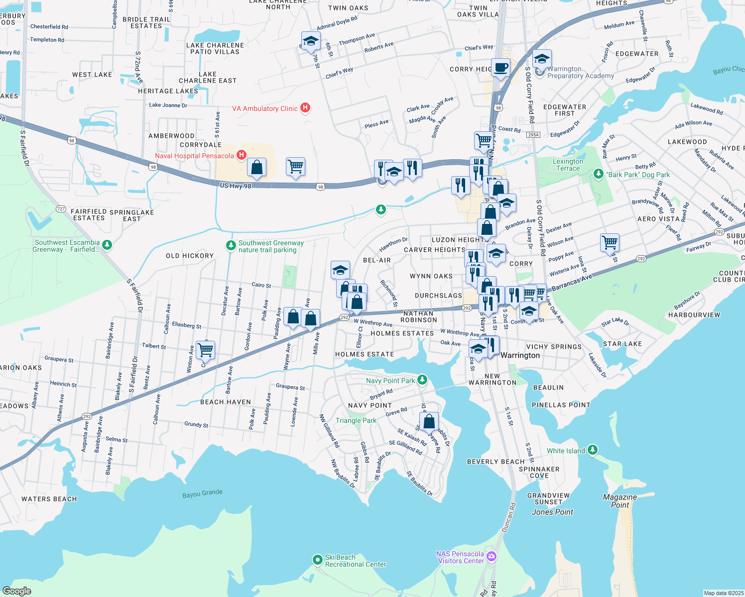 map of restaurants, bars, coffee shops, grocery stores, and more near 806 Lola Lane in Pensacola