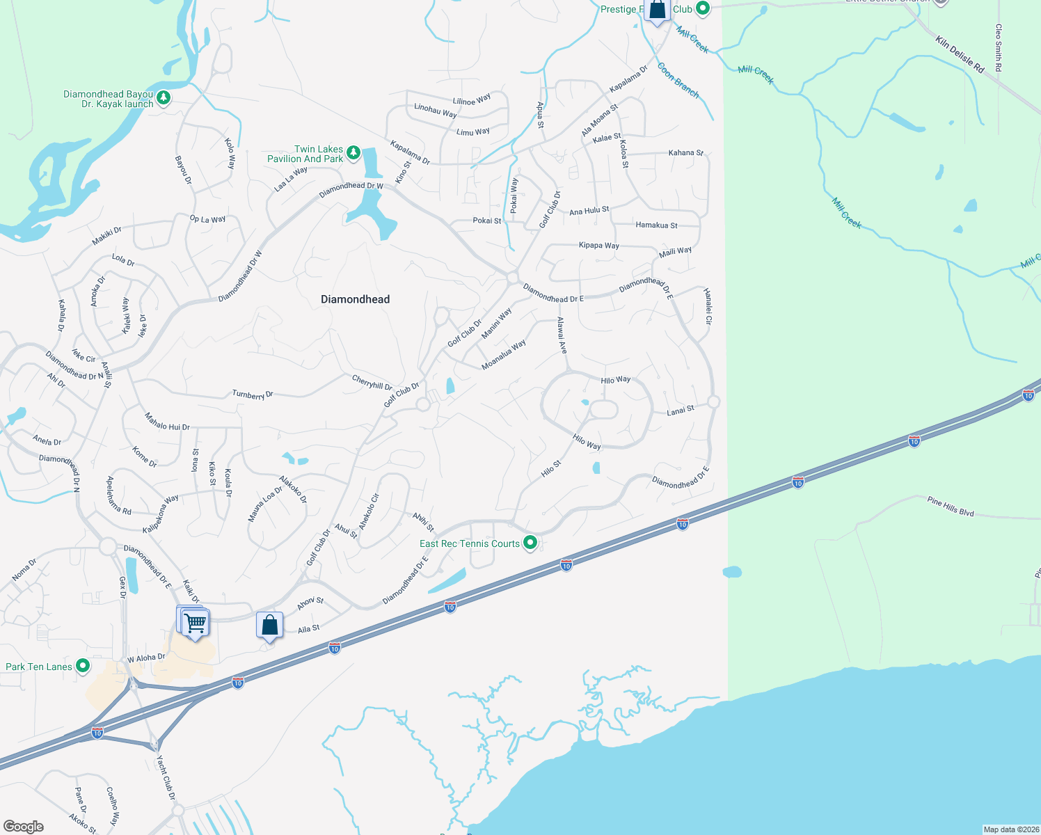 map of restaurants, bars, coffee shops, grocery stores, and more near 786 Puna Court in Diamondhead