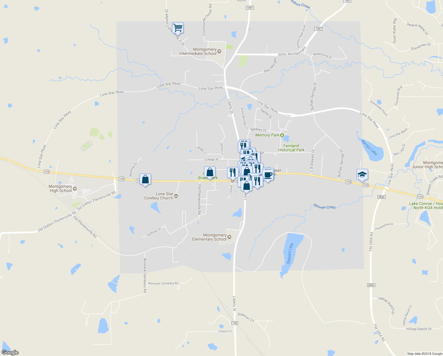 map of restaurants, bars, coffee shops, grocery stores, and more near 21298 Eva Street in Montgomery